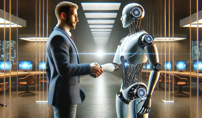 a man shaking hands with a humanoid AI robot.