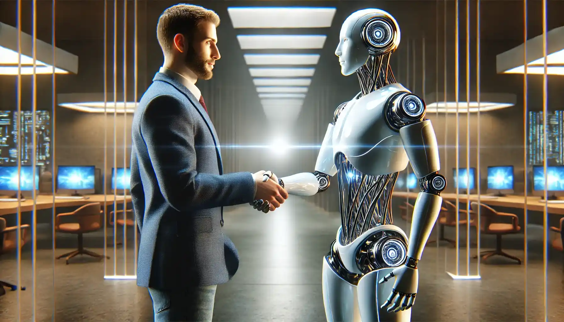 a man shaking hands with a humanoid AI robot.