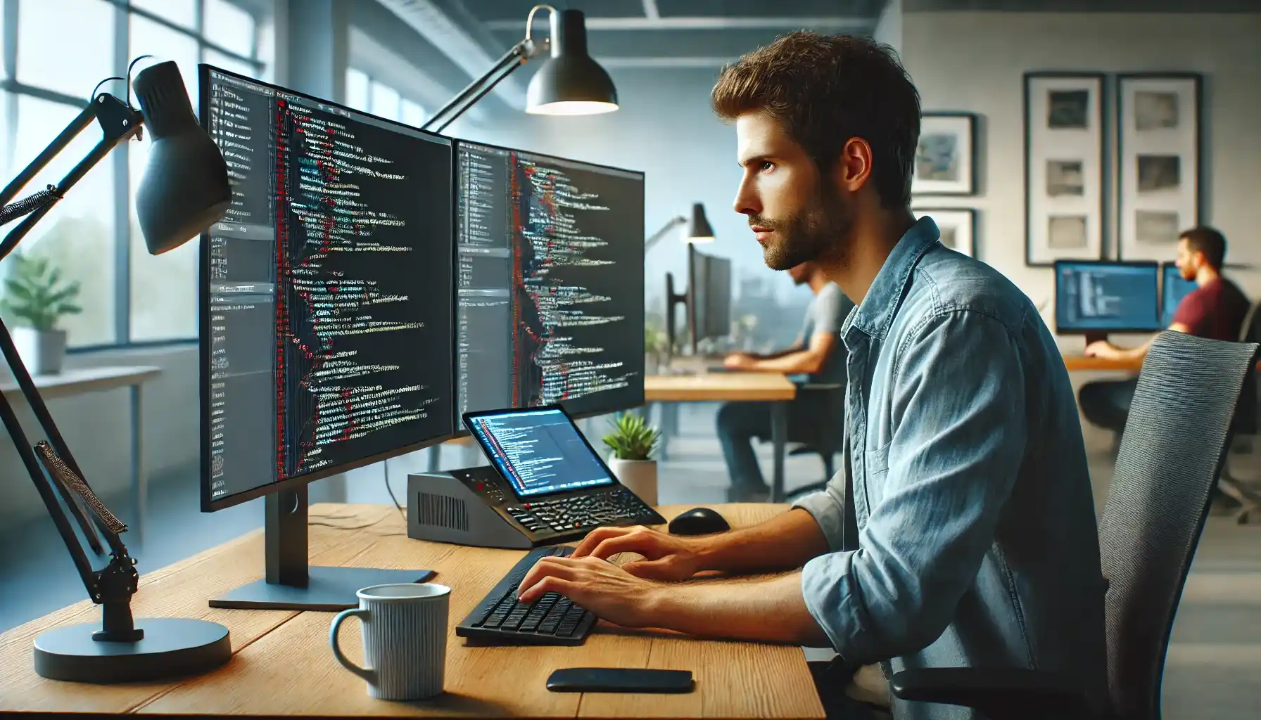 a man deeply focused on coding at his computer in a modern office.