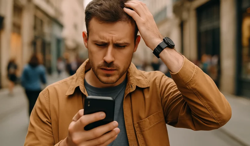 A young man is standing in the street, looking worried and scratching his head while staring at his smartphone, indicating frustration and confusion.