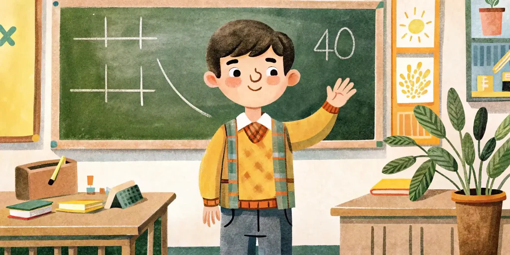 A boy stands in a classroom at the blackboard and solves math calculation