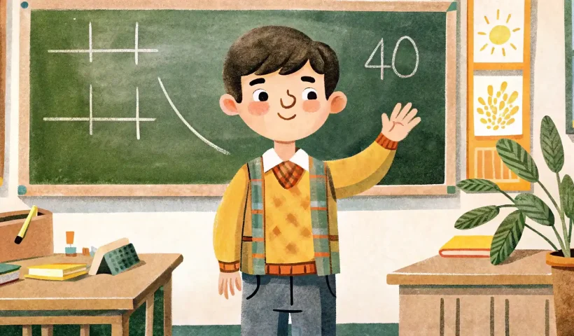 A boy stands in a classroom at the blackboard and solves math calculation