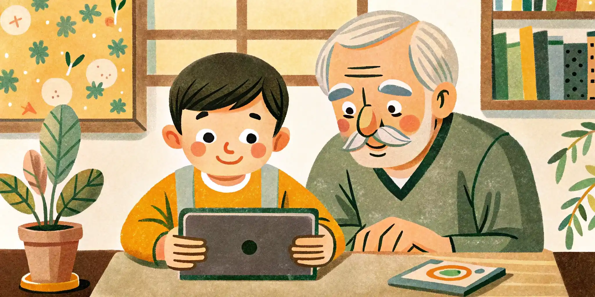 Grandfather and grandson play on a tablet