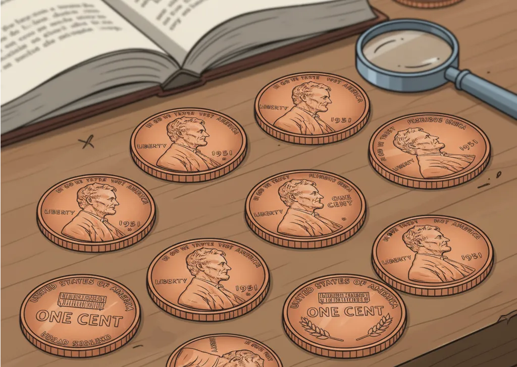 1951 Wheat Lincoln Penny coins on the table