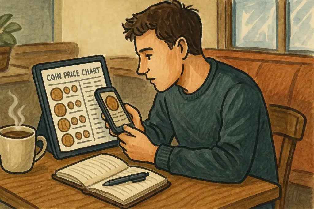 A collector checks coin price charts at the cafe table.