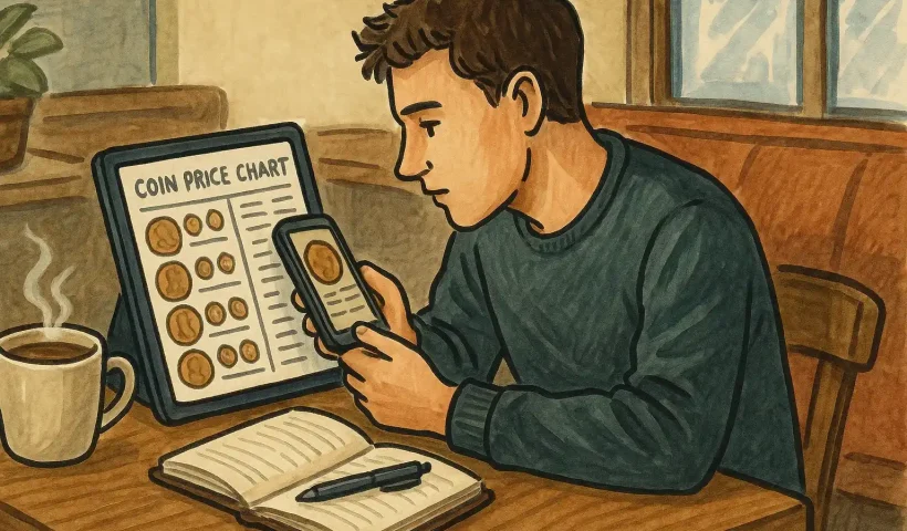 A collector checks coin price charts at the cafe table.
