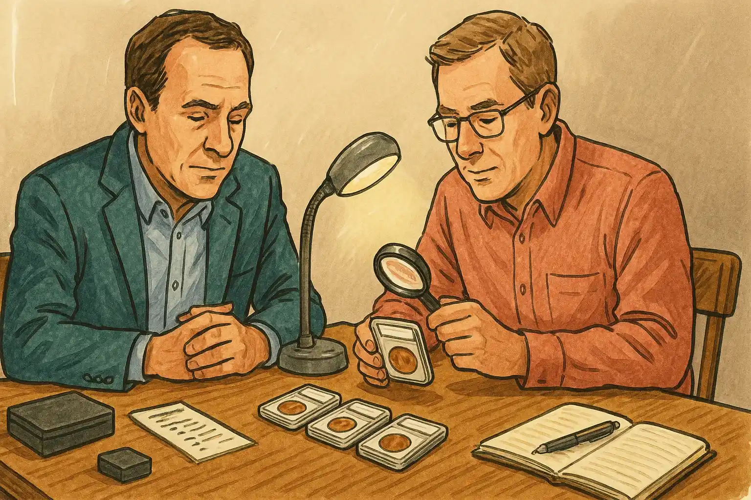 A collector and an investor review coin in safe holders together.