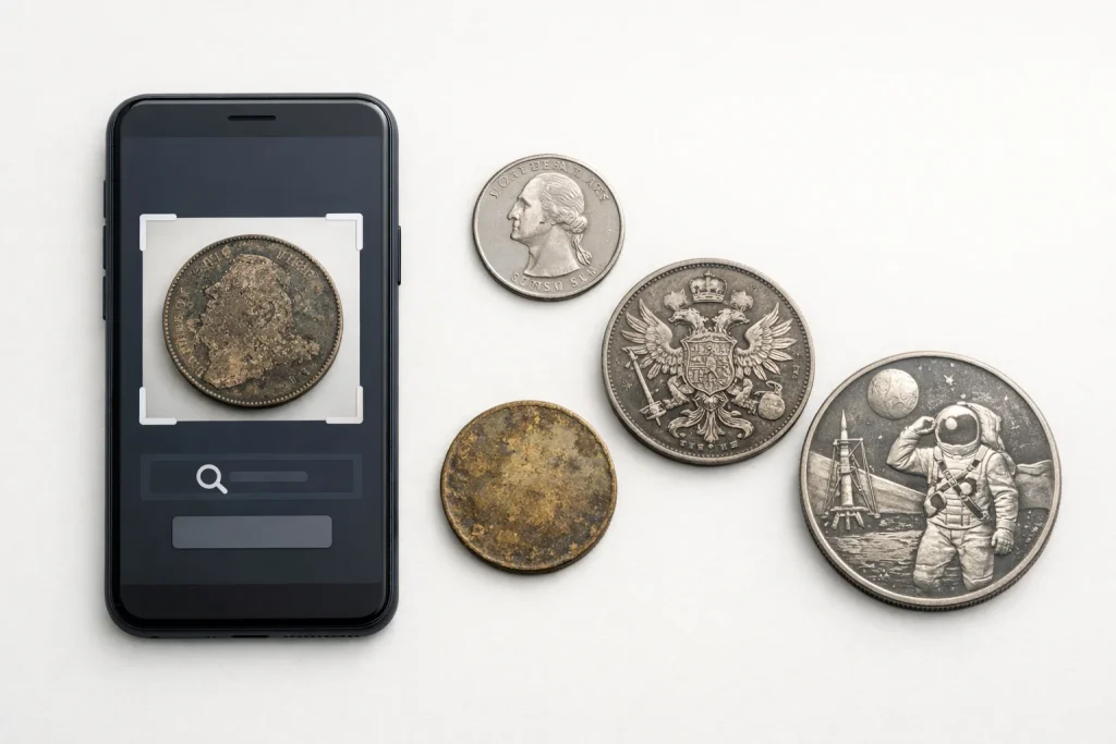 Smartphone with coin identifier interface next to a mixed lot of world and commemorative coins.