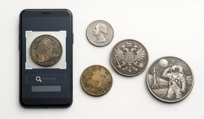 Smartphone with coin identifier interface next to a mixed lot of world and commemorative coins.