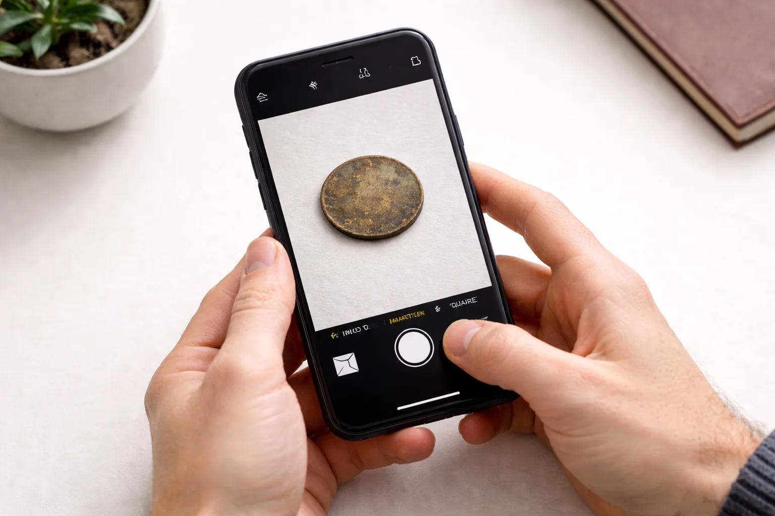 User photographing a worn coin with smartphone camera interface to upload a photo to the app for ID.